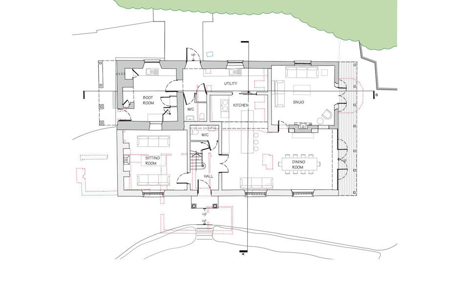 Proposed ground floor plan - open plan lounge/diner, crittall patio doors, reconfigured boot room and utility, drawing room and snug