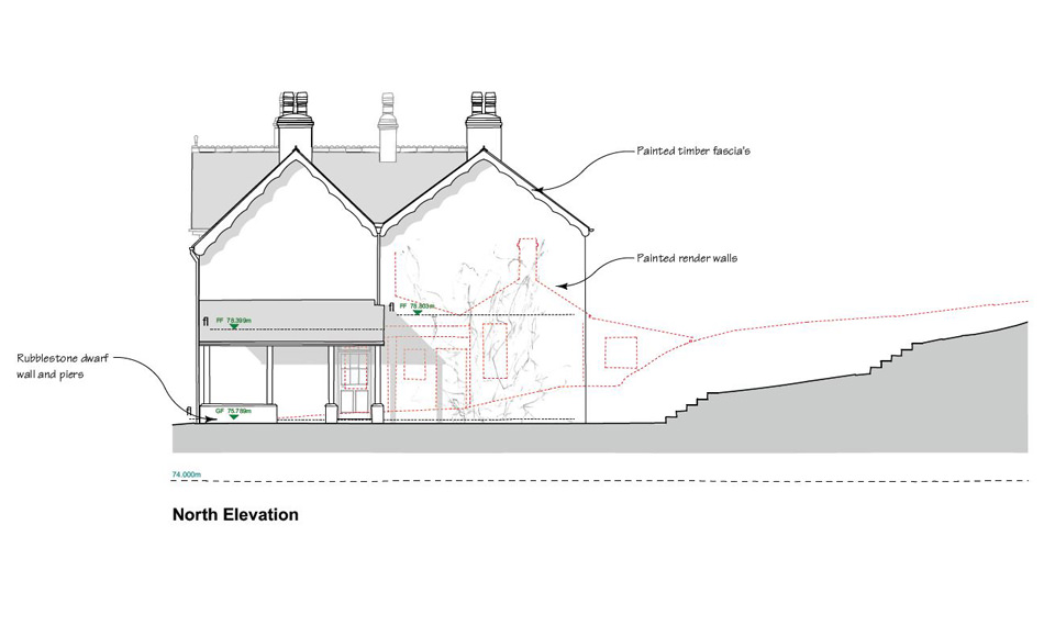 Proposed side elevation showing extension with new entrance porch and matching detailing
