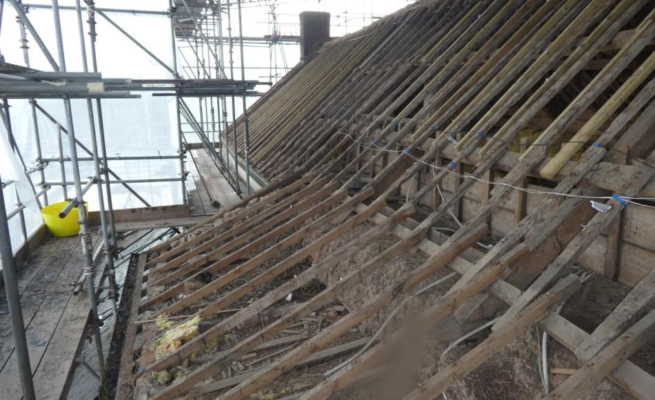 The existing thatched roof is to be rethatched with combed wheat reed, while the rear roof is being repaired and re-slated with natural reclaimed Cornish slate