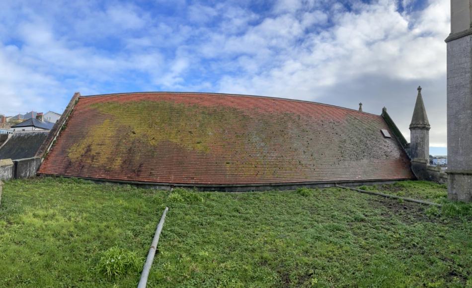 Unintentional green roof on church in Brixham