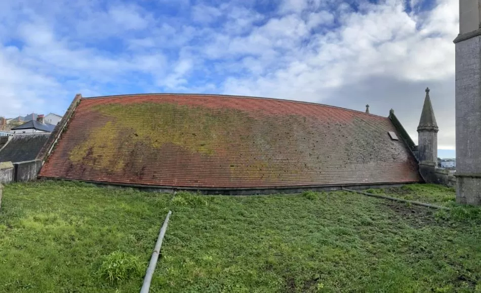 Unintentional green roof on church in Brixham