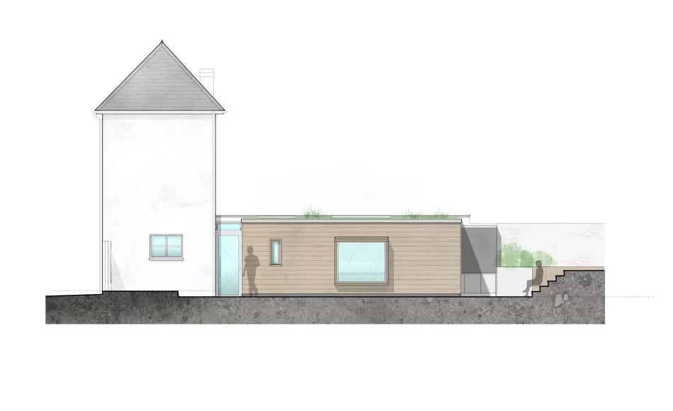 Visually softer impact from upper rooms with views down to new roof 