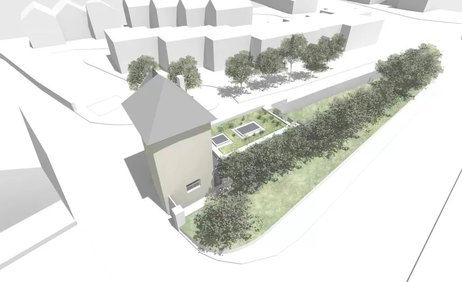 The green roof softens the extension and links the building to the garden