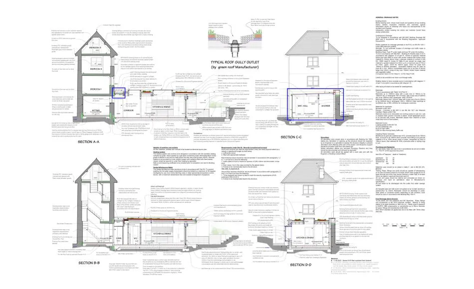 Plans for building regulations incorporating details of the green roof
