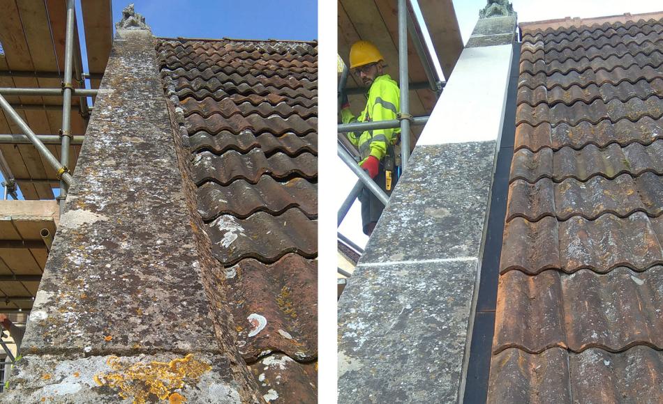 Replacement stone and a hidden leadwork gutter to replace old ineffective cement fillet 
