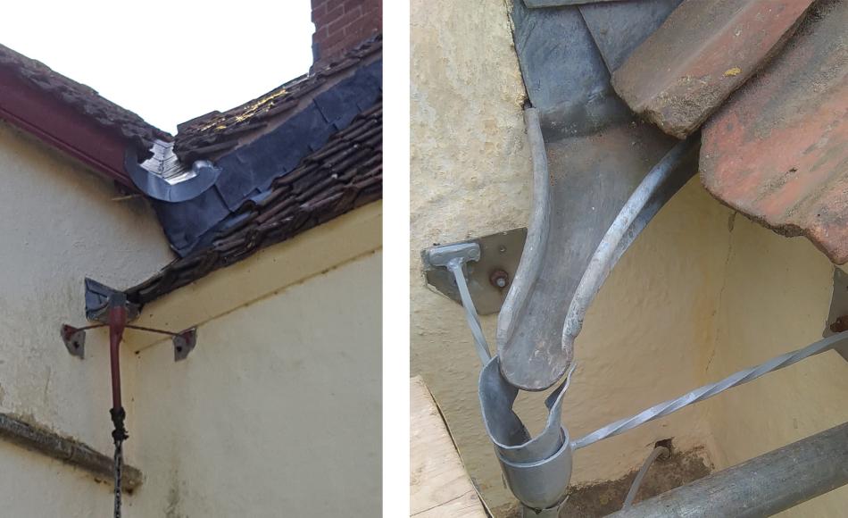 An interesting lead chute detail to discharge the rainwater from the valley gutter