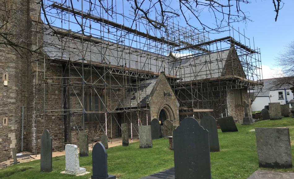 External scaffold to south aisle, porch and transept in progress