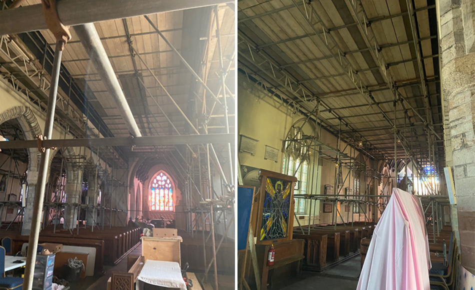 Internal working scaffold platforms to aisles to replace ceilings. Credit: Jamie Brown Roofing. 