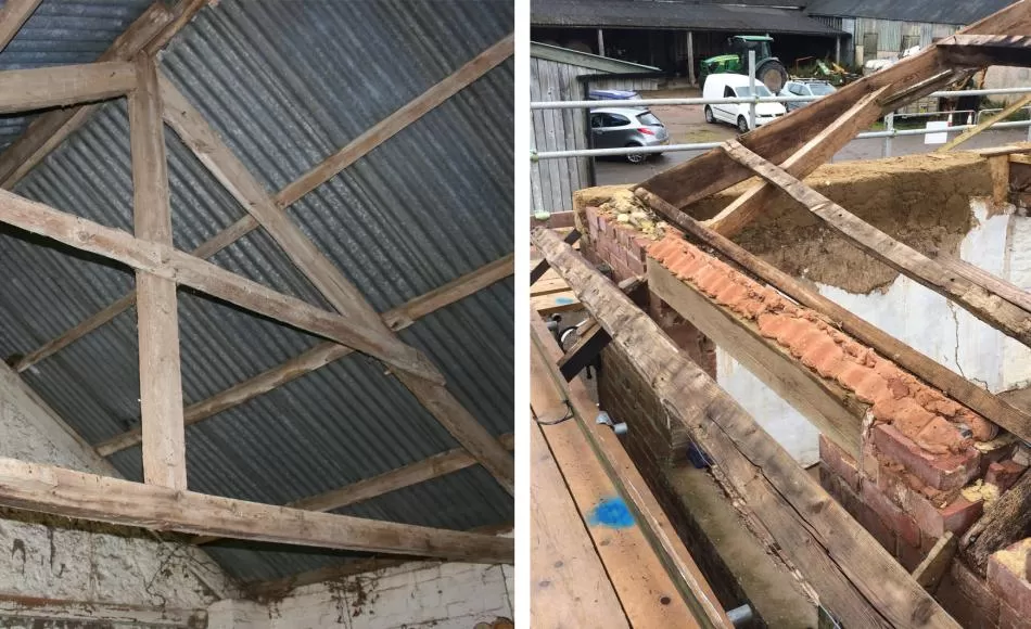 The roof trusses prior to work beginning and after stripping off the corrugated tin roof