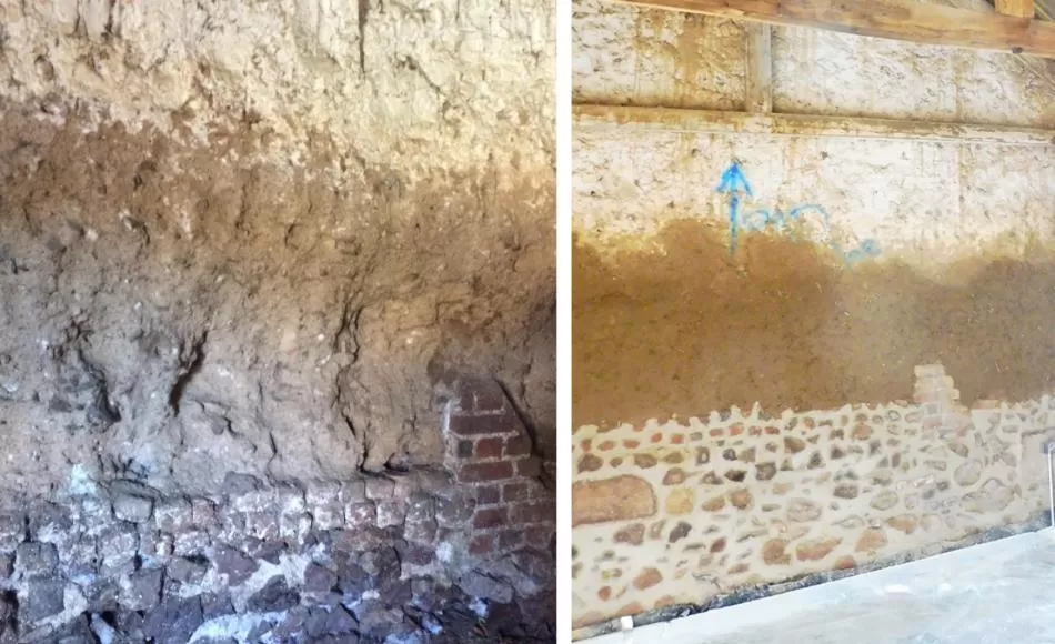 Cob wall before and during repair