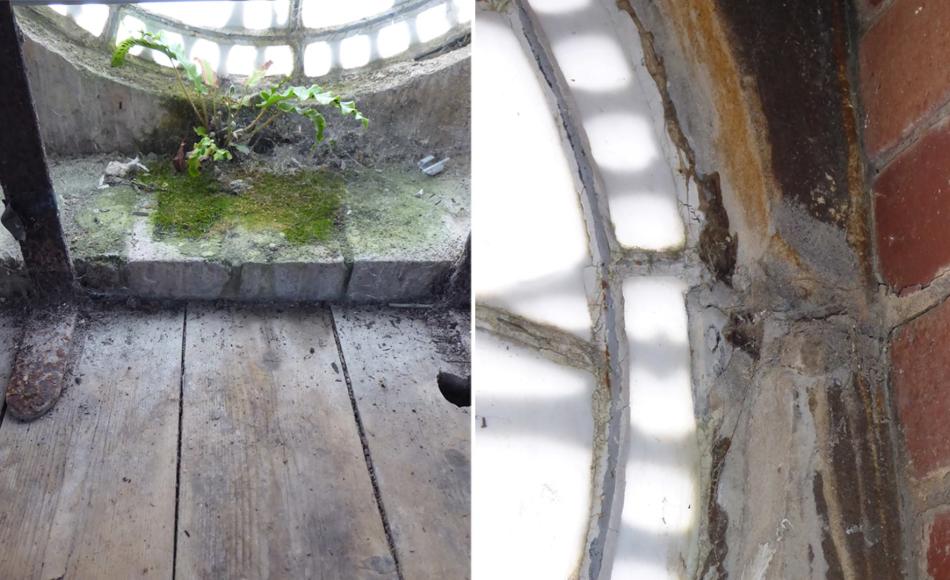 Water has penetrated the interior of the clock face and the stonework structure