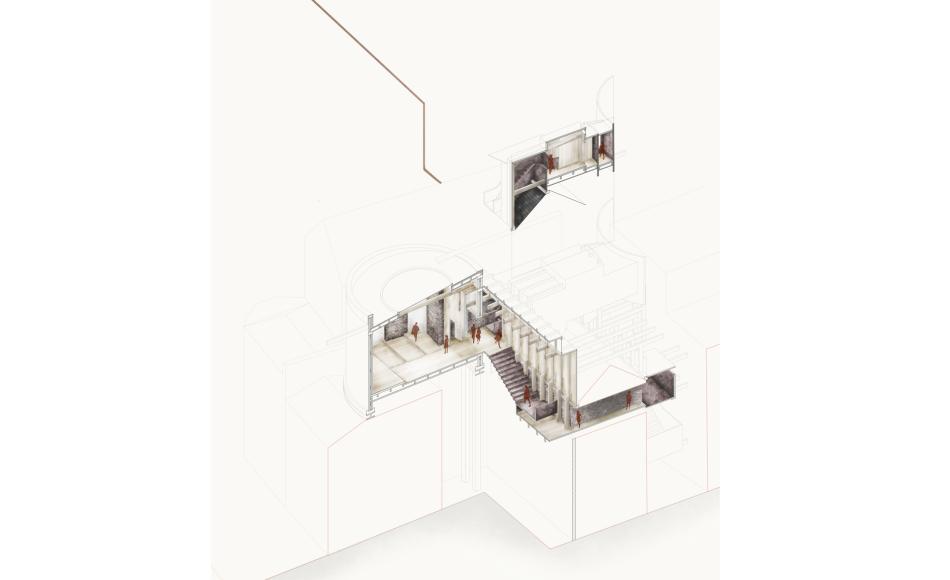 Cut-away axonometric of the central core of the project including the cylindrical performance space