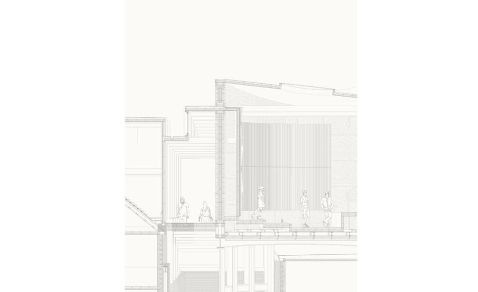 Perspective section showing the project sitting both above and between existing buildings 
