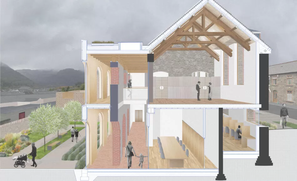 Dominic’s work – the ‘middle atrium’ image shows the section through a further education hub (adaptive reuse of a Victorian school)