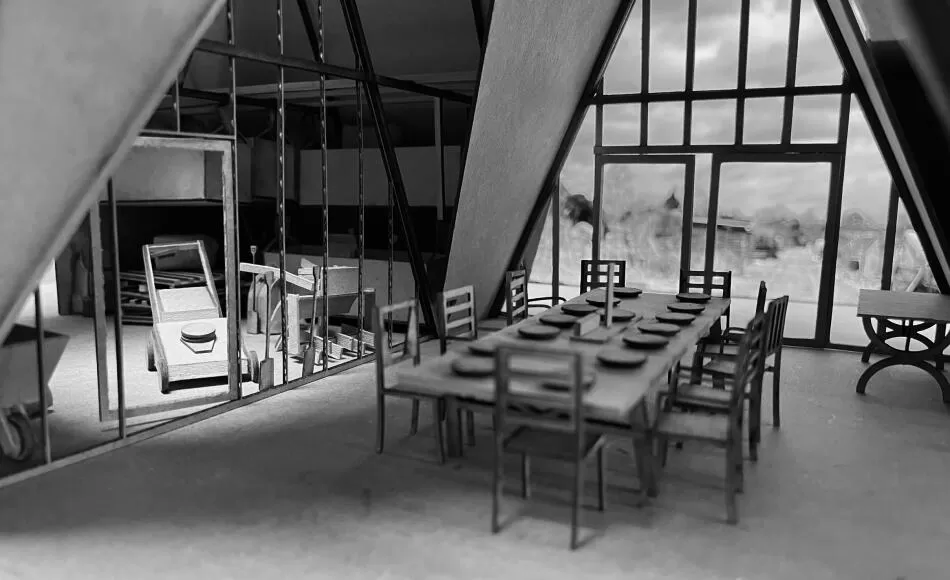 Thomas’s 1:50 model of his Allotment Community Hub project. The project embodied his keen interest in architecture as policy given physical form, enabling opportunities in local communities