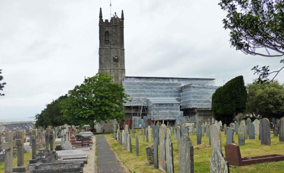 St Margaret’s Church wrapped in scaffolding to protect the stripped and exposed roof structure from the elements during work  