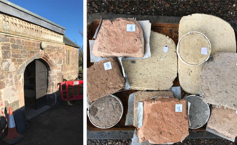 Sample stone repairs to the south porch have begun - removing cement mortar and replacing with carefully tended lime mortar colour mixes