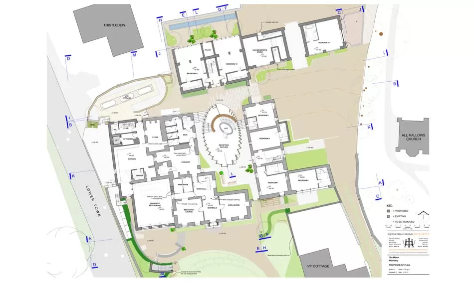 Proposed ground floor plan with the new reception pavilion visible in the courtyard