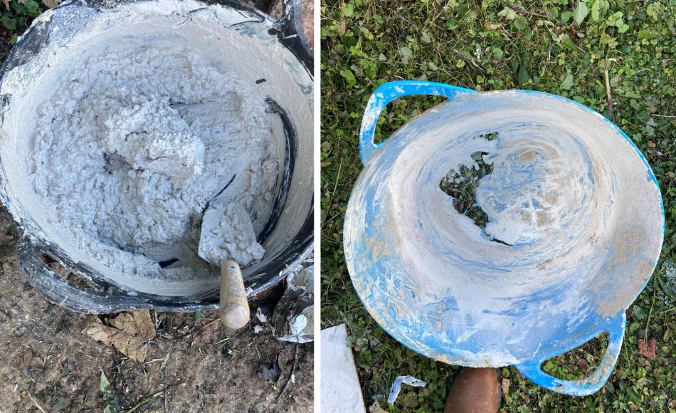 Hot lime mixes can reach temperatures of c.250 degrees centigrade. At least one bucket suffered as a result