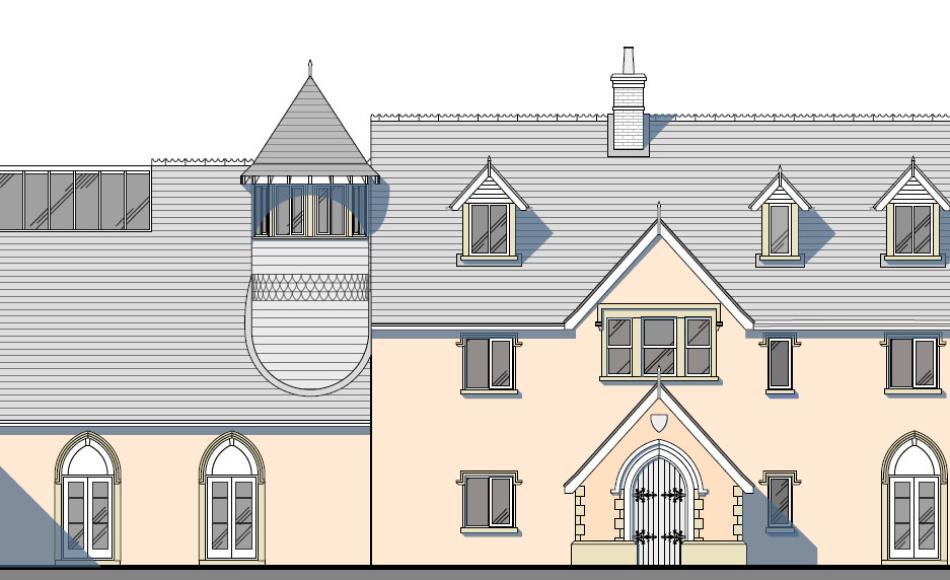 Proposed new front entrance with turret staircase to pool wing