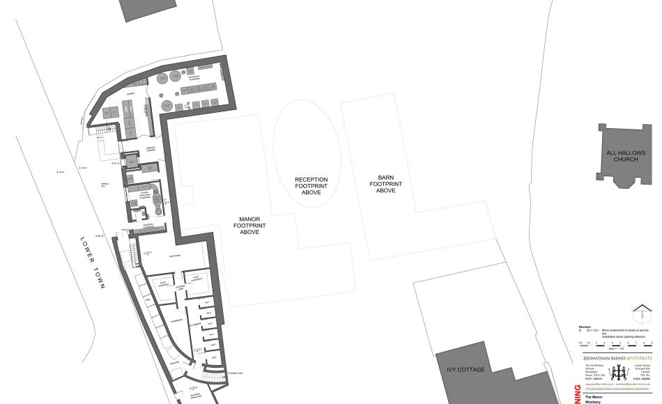 The basement wraps around the west side of the Manor