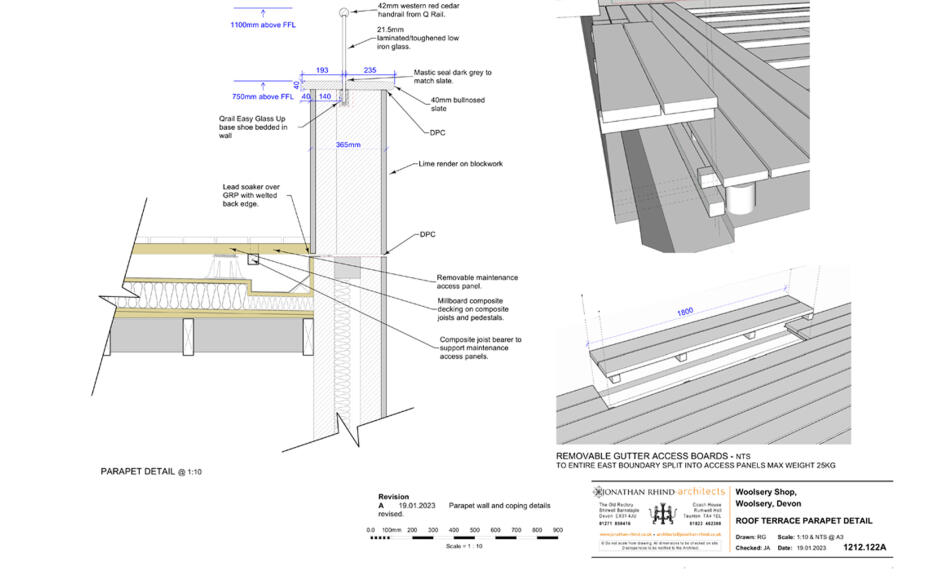 Parapet detail on the terrace for the hotel suites above the shop