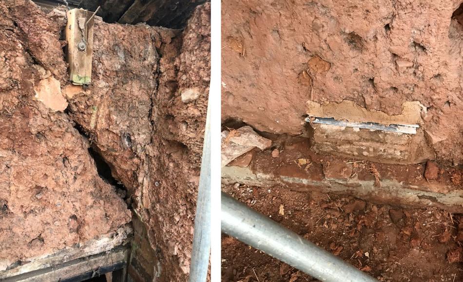 Significant structural defect, and cob block repairs with slate wedges to tighten the gap following shrinkage