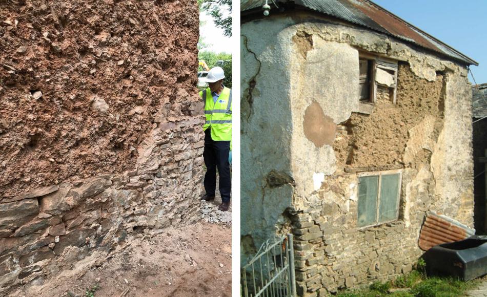Cob is dense and load bearing on a stone plinth. Cob fracture at windows and wall corners and eroded where not protected