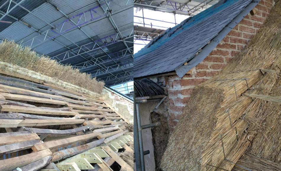 Reuse of historic thatching battens, thatch build up and works in progress.