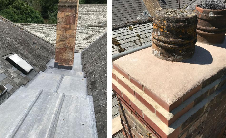 New sandcast lead covering to roof valleys will ensure the Manor remains leak free for years to come. Rooflights provide safe valley access for maintenance. Rebuilt and flaunched chimney top