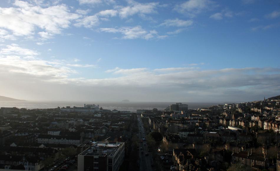 A great backdrop to site meetings – Weston-super-Mare from top of scaffolding with Flat Holm island in the distance