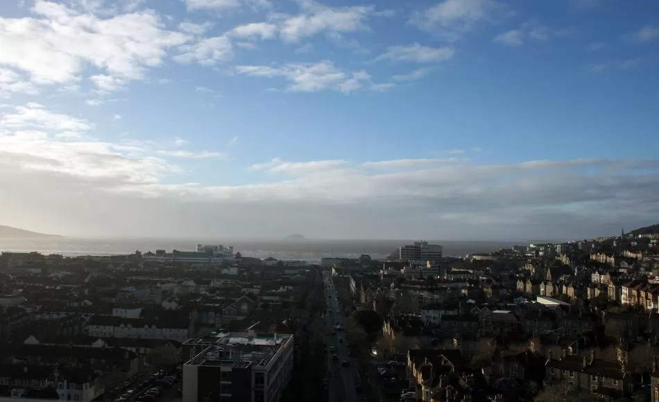 A great backdrop to site meetings – Weston-super-Mare from top of scaffolding with Flat Holm island in the distance