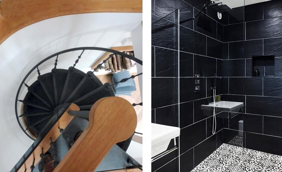 Ornate cast iron French staircase within curved wall and walk in shower with encaustic style tiles. 