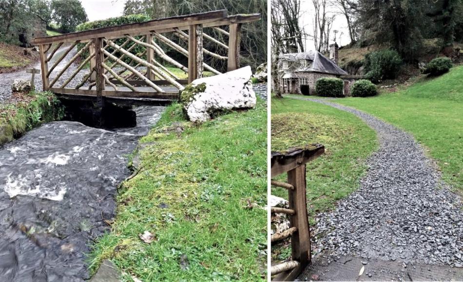 The approach to Pond Cottage is across a footbridge over the tumbling waters of the Tamar