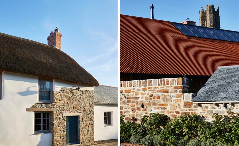 The New corrugated Corten steel roof of the extension to the Farmers Arms sits behind the original grade II listed thatched building