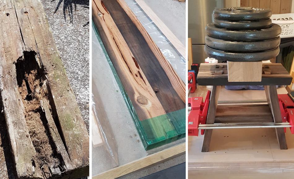 Once the decayed parts had been removed, Darryn used epoxy resin to fill the gaps, before constructing with tenon joints, shouldered mortice and clamping on kitchen table 