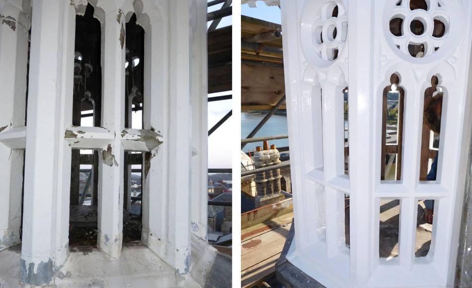 Before and during repair: existing paint carefully removed to expose condition, joinery repairs and redecoration. 