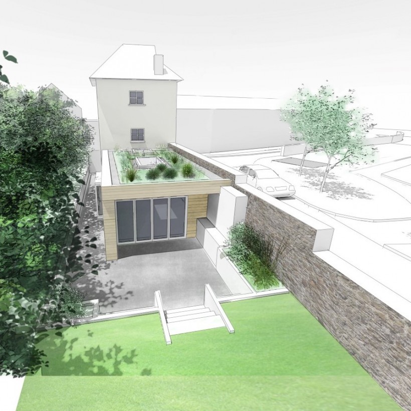 Modern extension to unusual Grade II listed house