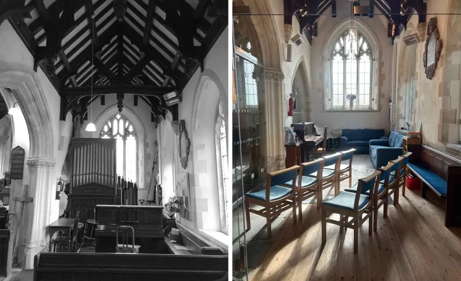 Before and after. The new space includes prayer corner, children’s play area and school music area (with piano and drum kit)