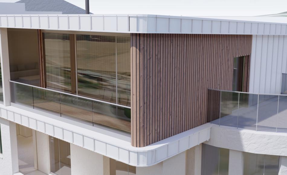 Standing seam metal cladding to the first floor extension will be low maintenance while creating a bold contemporary form